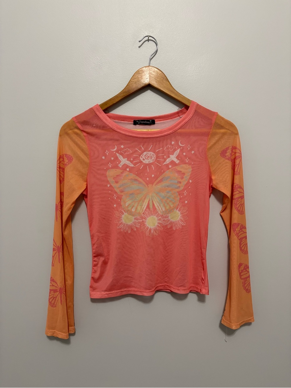 Whimsical Y2K Two Tone Sheer Butterfly Long Sleeve Blouse